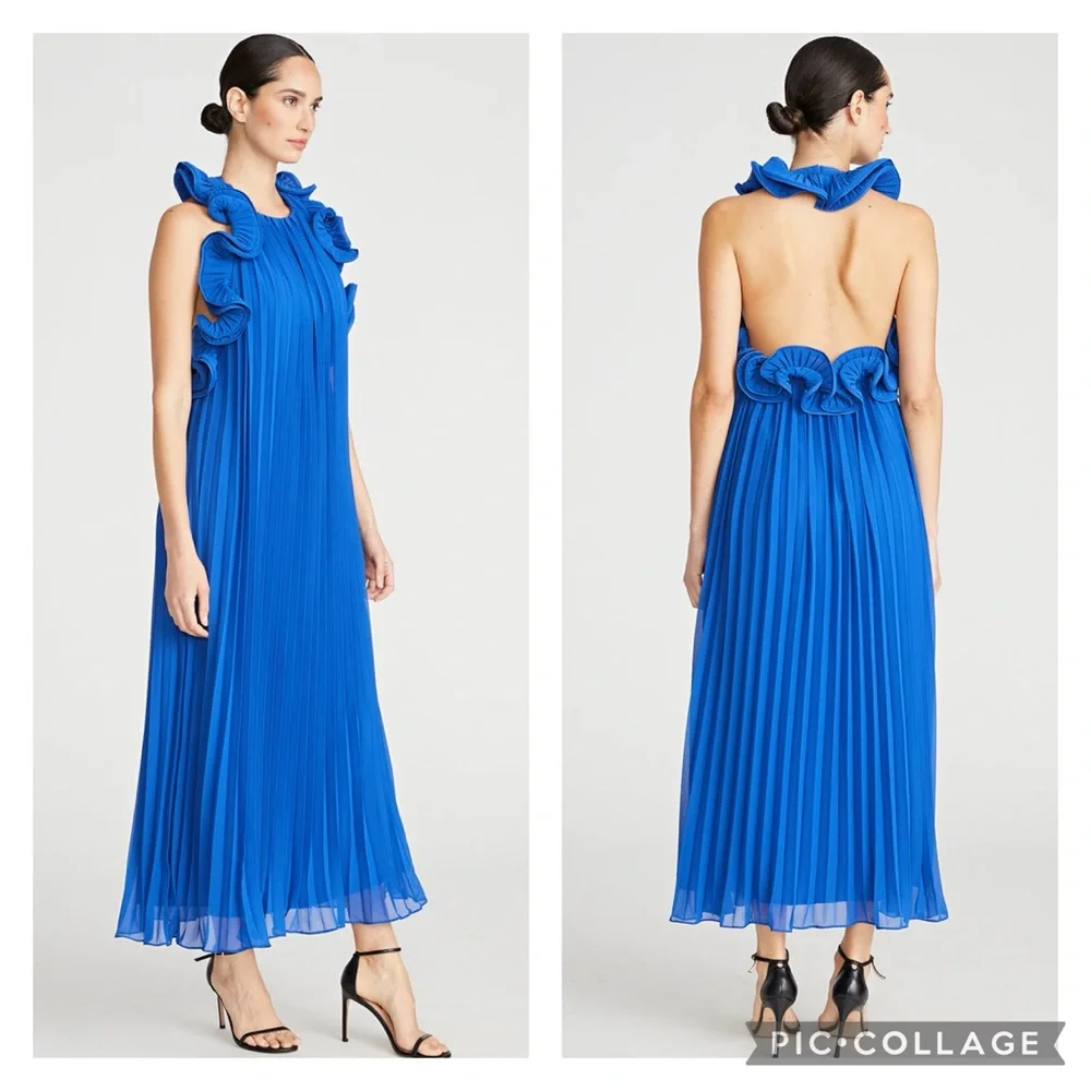 Amur Meray Pleated‎ Halter Maxi Dress in Deep Waters Sz. 4 NWT